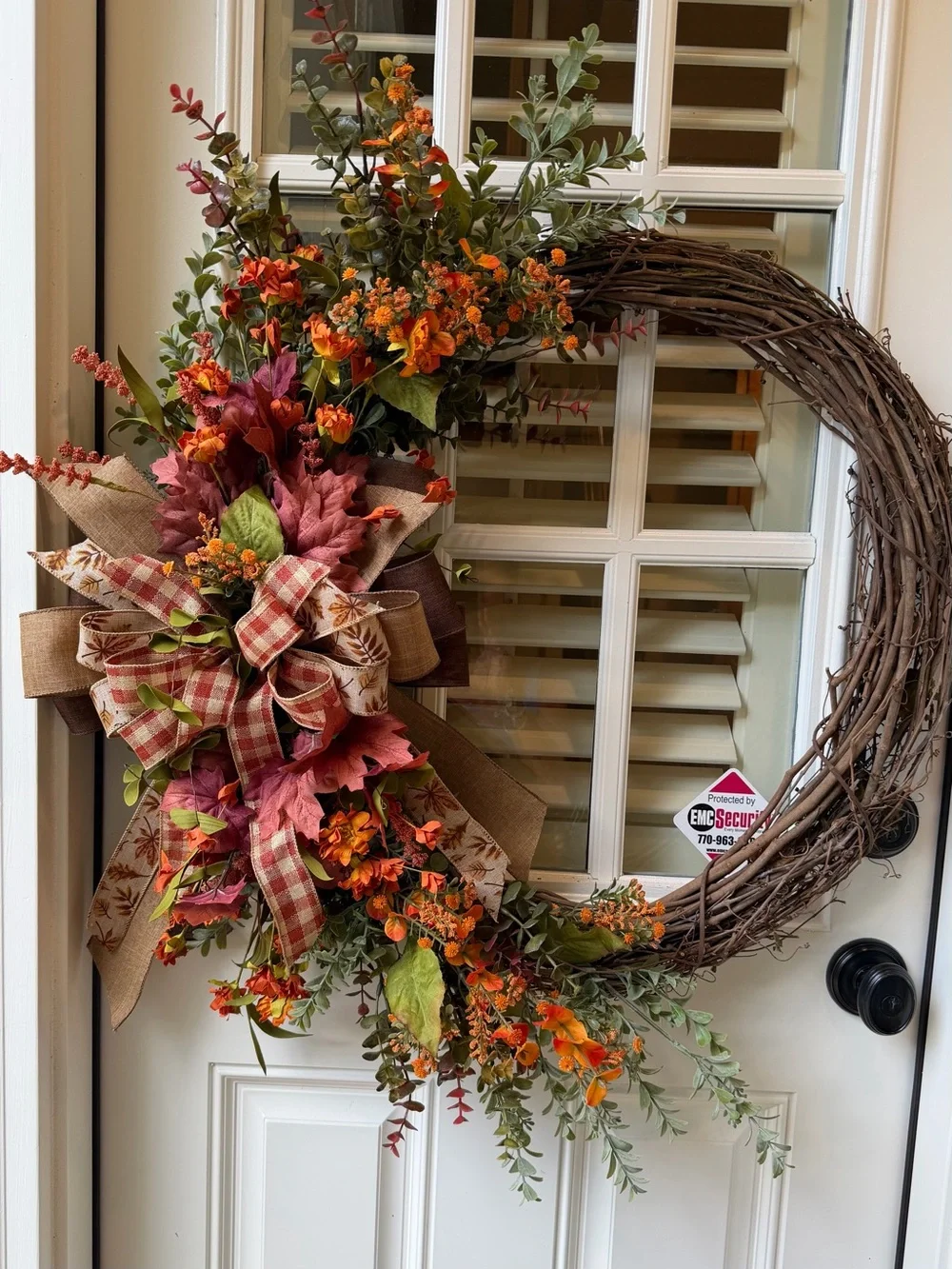 Autumn Orange & Green Grapevine Wreath with Plaid Ribbon